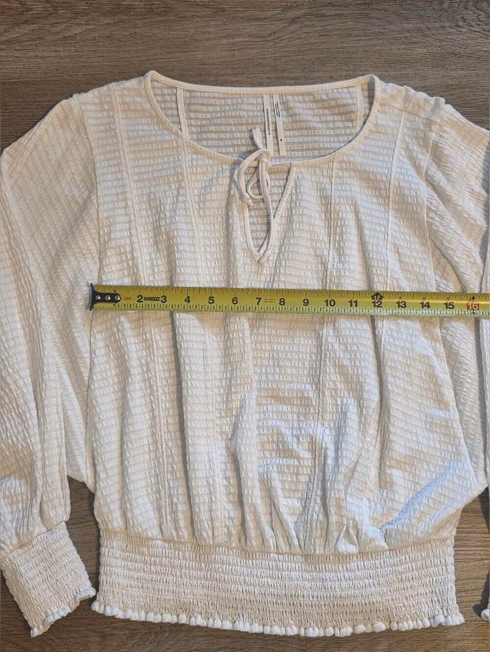 Anthropologie Cream Textured Tie-Neck Smocked-Waist Blouse